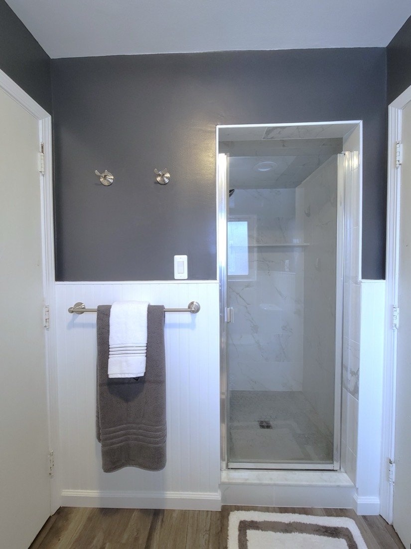 Two-tone bathroom with glass shower door